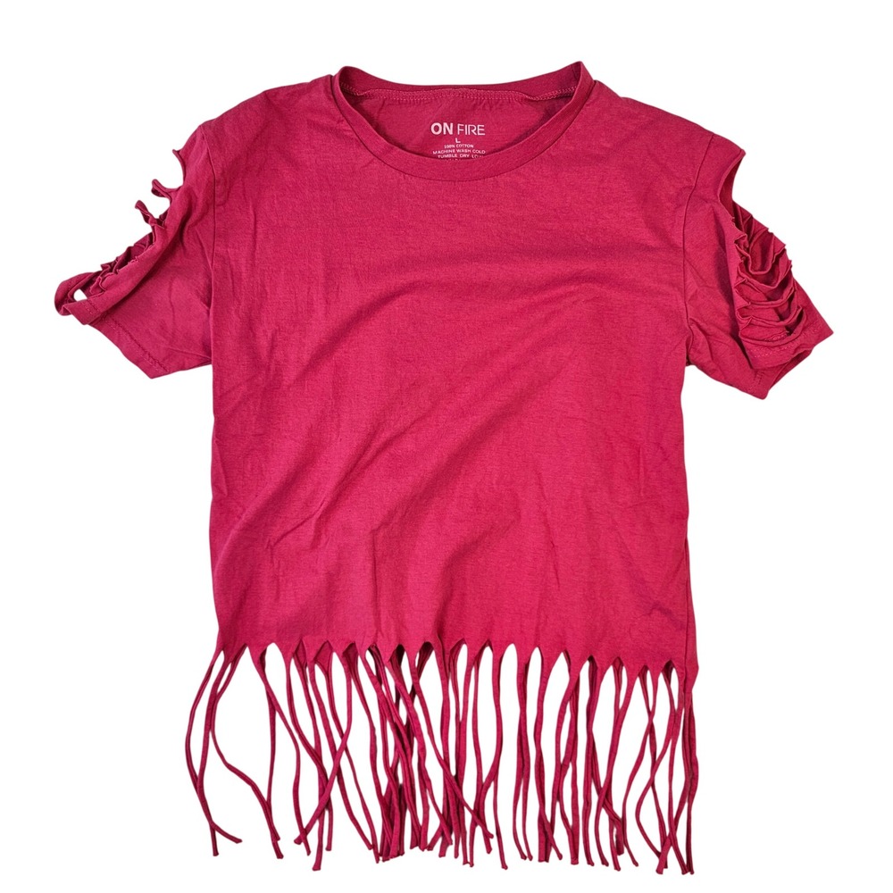 On Fire Fuchsia Pink Fringe Hem Cut Out Shoulder Short Sleeve T-Shirt Size Large